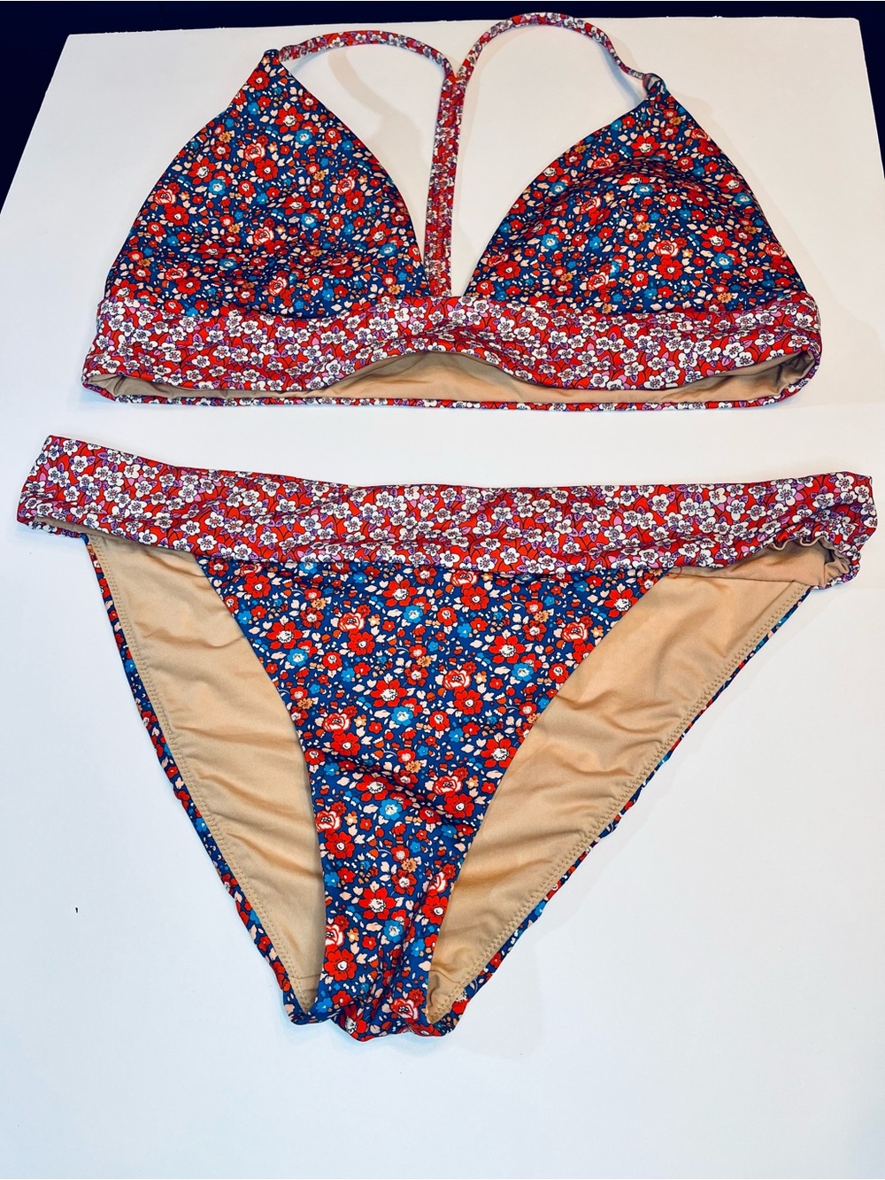 J. Crew Red, Blue and White Floral Bikini size M